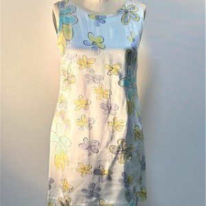 60S STYLE DRESS; HAND-PAINTED SILK CHARMEUSE WITH BUGLE BEADS.
